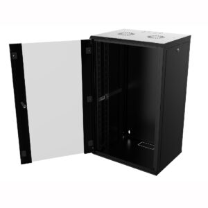 Coffret 19" Noir - 16U - Profondeur 600 mm - Panneaux clés - Porte vitrée - Assemblé
